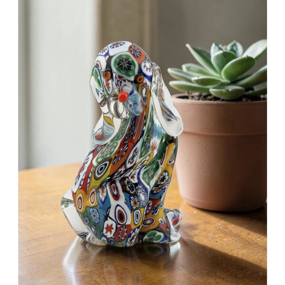 MURANO Italy Millefiori Pattern Glass Hound Dog Figurine 3" Vintage